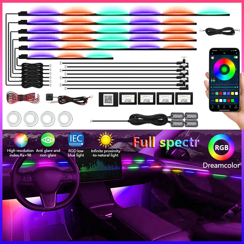 18 / 22 In 1 Streamer Car Ambient Lights RGB 213 64 Color LED Interior Rainbow Acrylic Strip Symphony Remote Atmosphere Lamp Kit