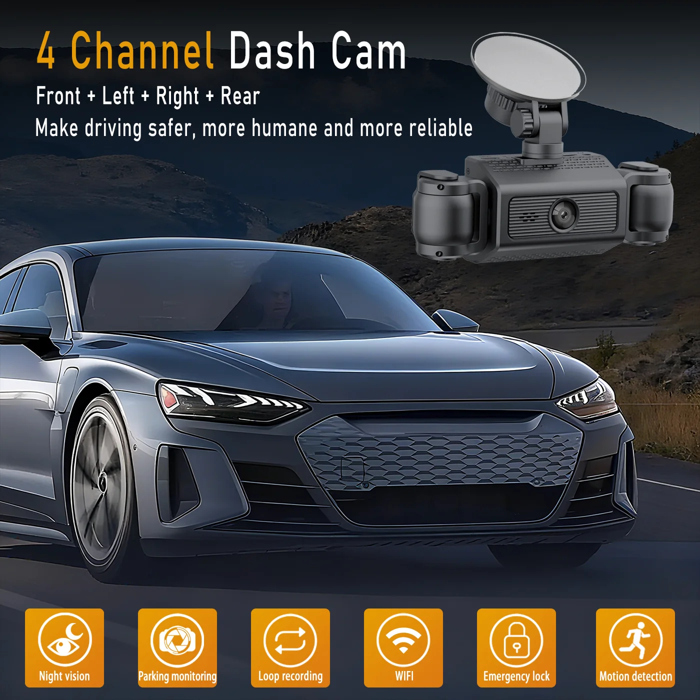 360 °   مسجل قيادة بانورامي، كاميرا داش عالية الدقة 1080 بكسل ذات 4 قنوات مع وظيفة Wi-Fi، رؤية ليلية فائقة، WDR، G-Sensor، loo