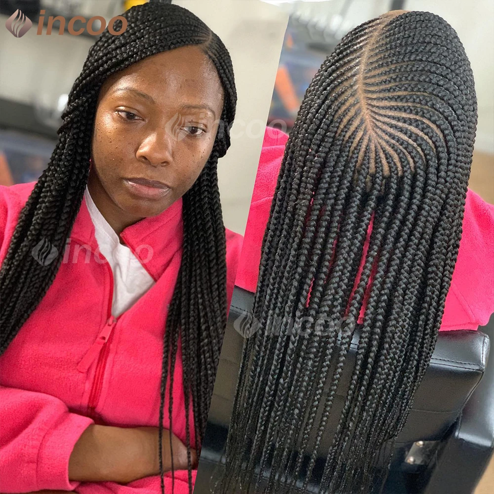 

36" Full Lace Box Braided Wig for Black Women Synthetic Knotless Cornrow Braids Lace Front Deep Side Part Braid Wig