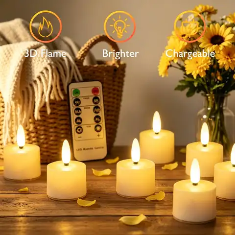 6-Pack Rechargeable Tea Lights Candles with Remote 4H/6H Timer Flameless Flickering Battery Operated LED Tealights for Pumpkins Luminarias Centerpieces ﻿