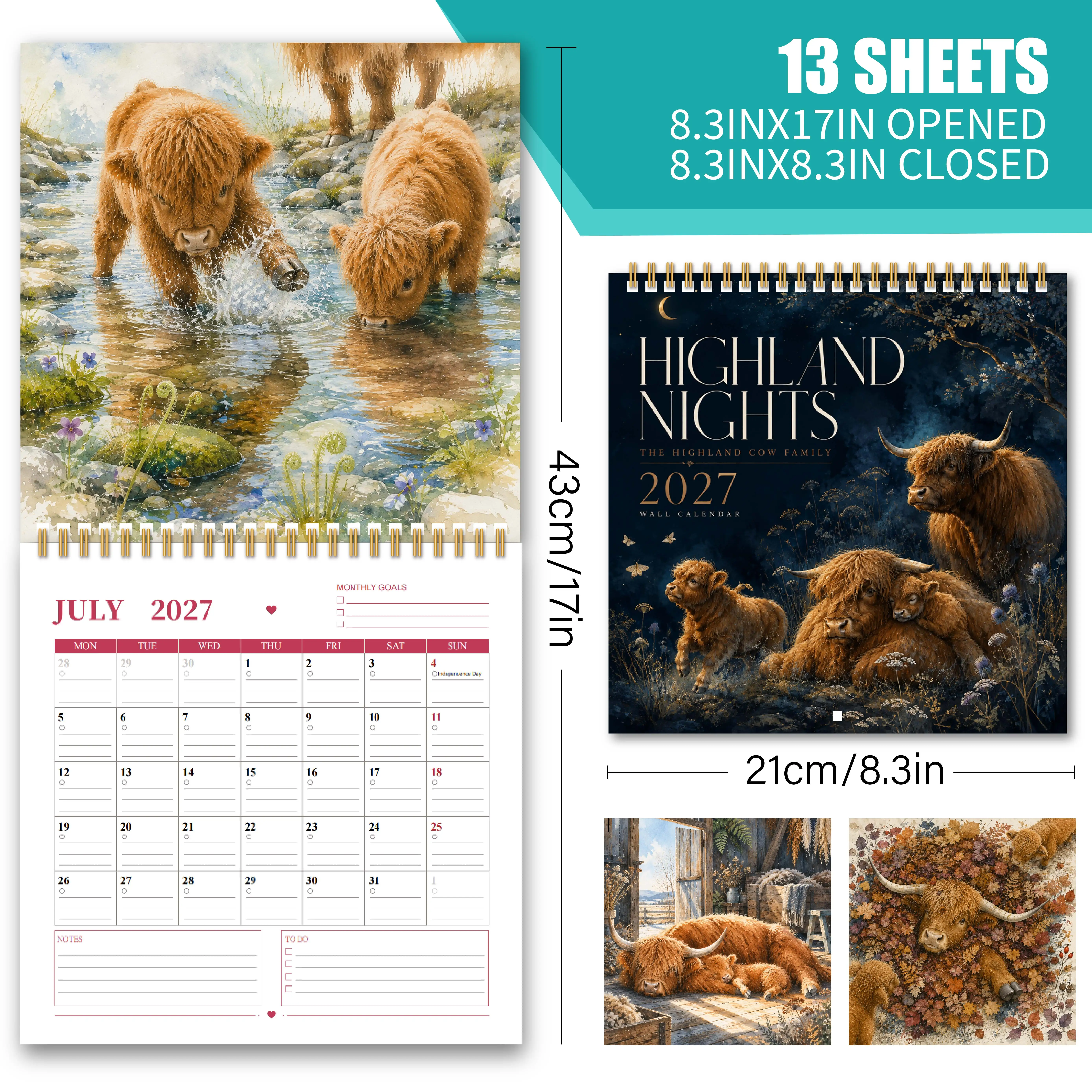 2027 Wall Calendar Highland Cow Family Night Scenery Rustic Farmhouse Style Monthly Planner for Home Office Hanging Decor Organizer with Twelve Months of Countryside Charm and Cozy Evening Atmosphere for Daily Scheduling