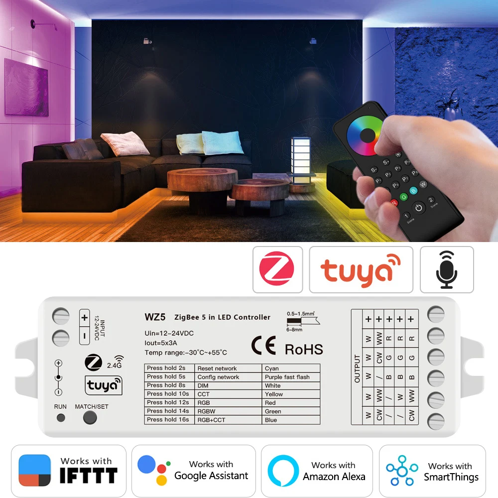 5-in-1 12-24V Tuya Zigbee Controller 2.4G RF WZ5 LED Dimmer for DIM CCT RGB RGBW RGB+CCT Strip Adjust Smart APP Control Google