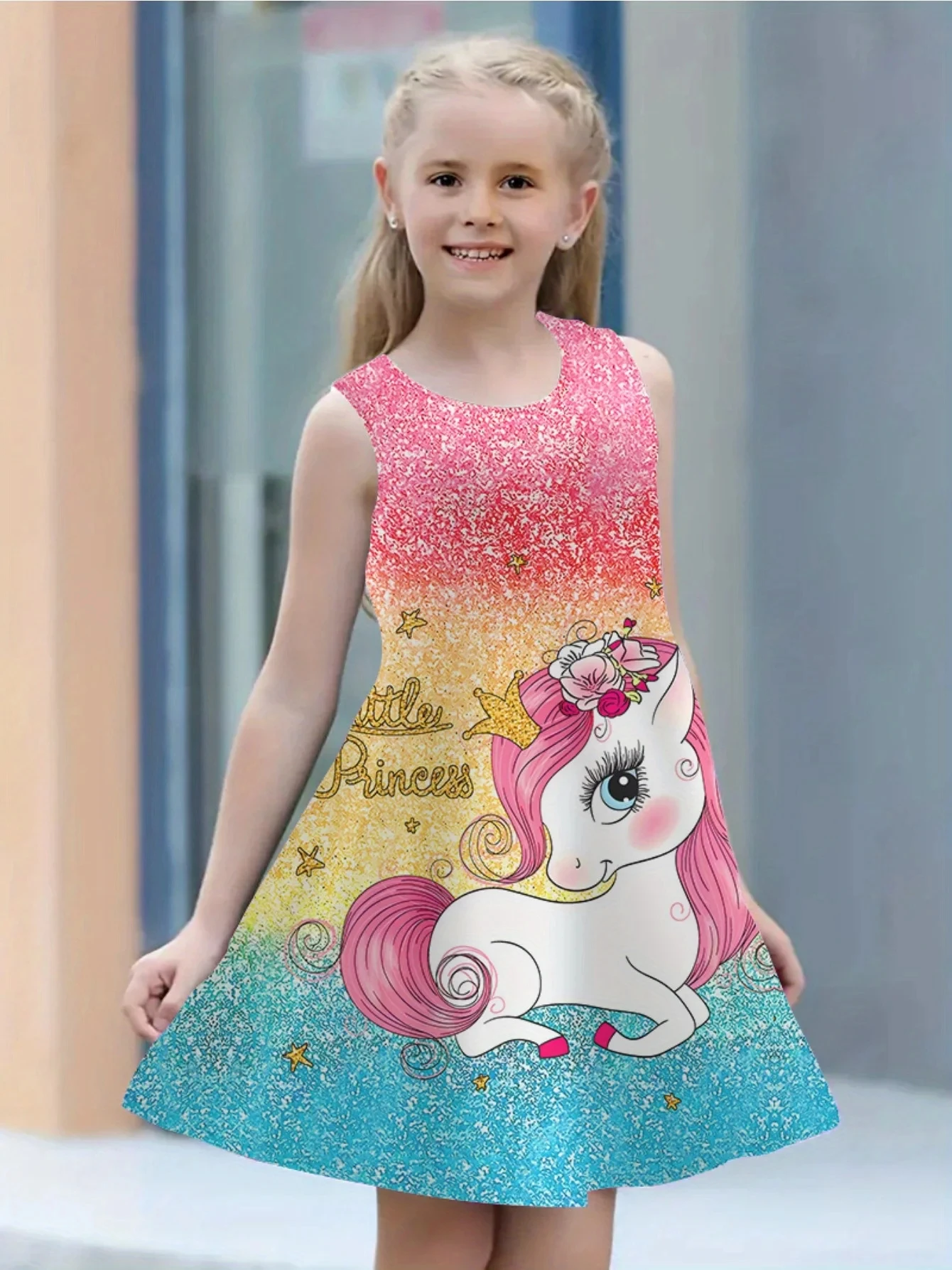 Summer 2-15 years old girls Fashion Novelty Cute Unicorn Print Sleeveless Dress Casual Comfortable Breathable Party Dresses