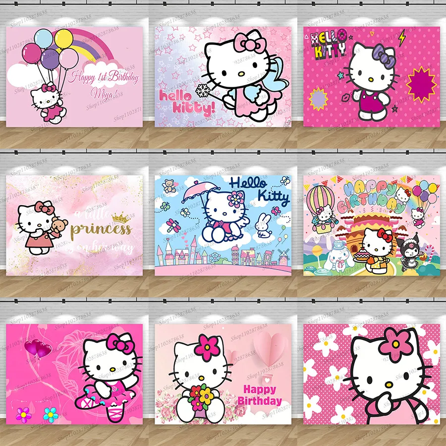 

Hello Kitty Custom Background Girls Birthday Party Background Pink Cartoon Cat Photo Banner Sanrio Themed Decoration