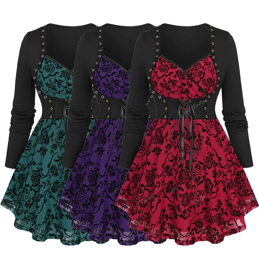 Damskie bluzki plus size z kwiatowym wzorem, siateczką, aplikacjami z efektem flokowania, sznurowaniem, metalowymi kółkami, 2 w 1, z długim rękawem, typu gorset, t-shirty, codzienne bluzki patchworkowe, rozmiar 5XL — zdjęcie 2