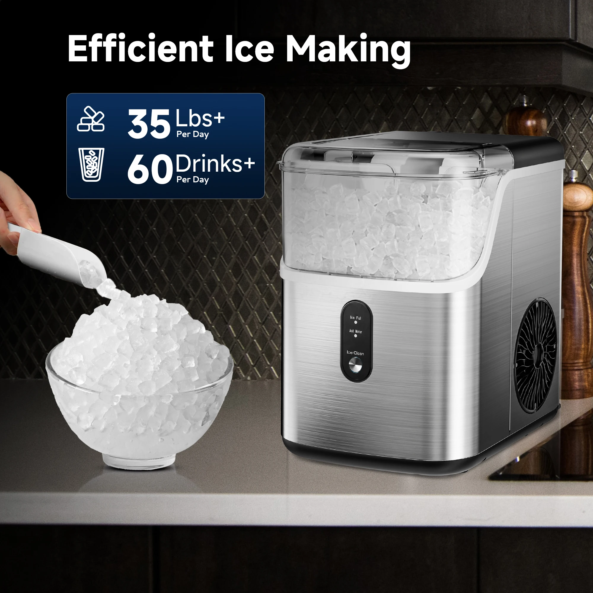 Vibekio Pebble Ice Maker Machine with 35lbs/24H Soft Ice Self Cleaning Sonic Ice Maker Pellet Ice Maker for Home Kitchen Office