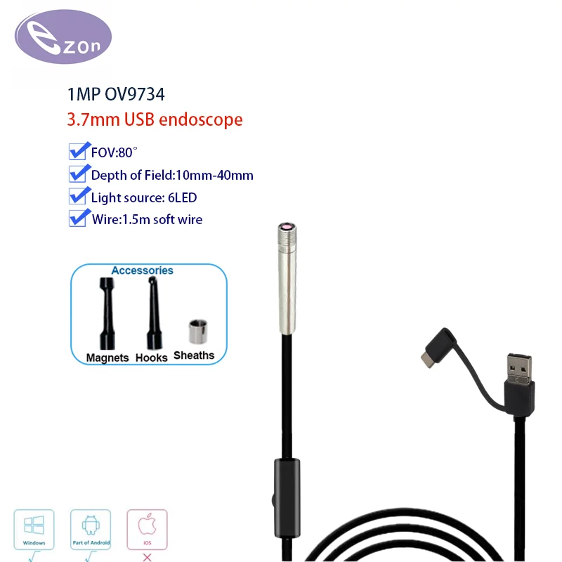 

1MP 3.7mm Endoscope Camera Macro Industrial Pipeline Inspection 1.5m USB Soft Cable