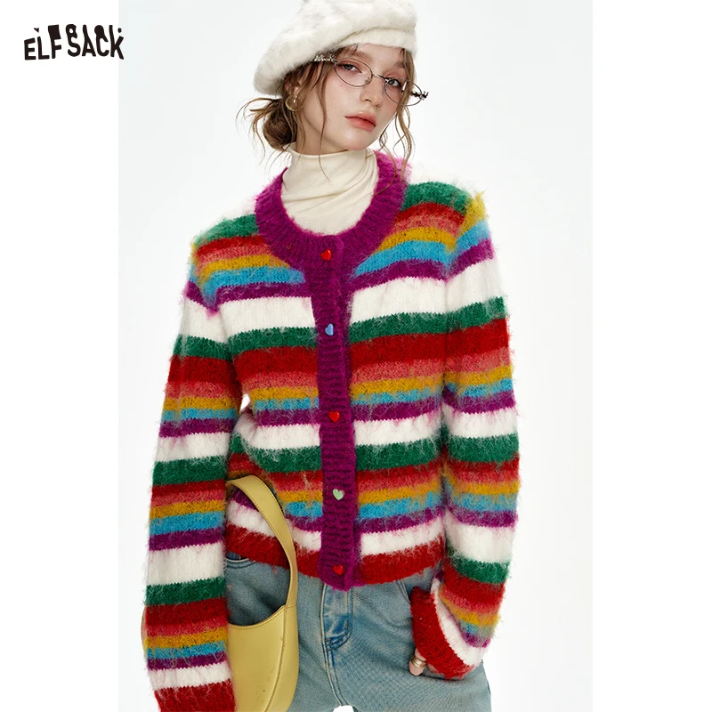 ELFSACK 2024 Winter New Arrivals Rainbow striped sweater cardigan women Christmas outfit