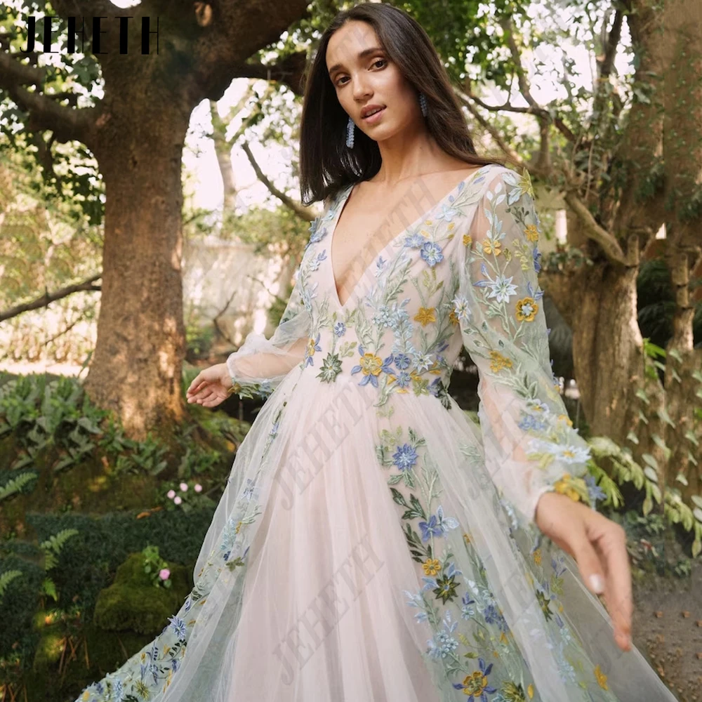 JEHETH Prom Dress Long Sleeve Women Floral V Neck Fairy Forest Evening A Line Flowers Princess Party Gown Vestidos De Graduación