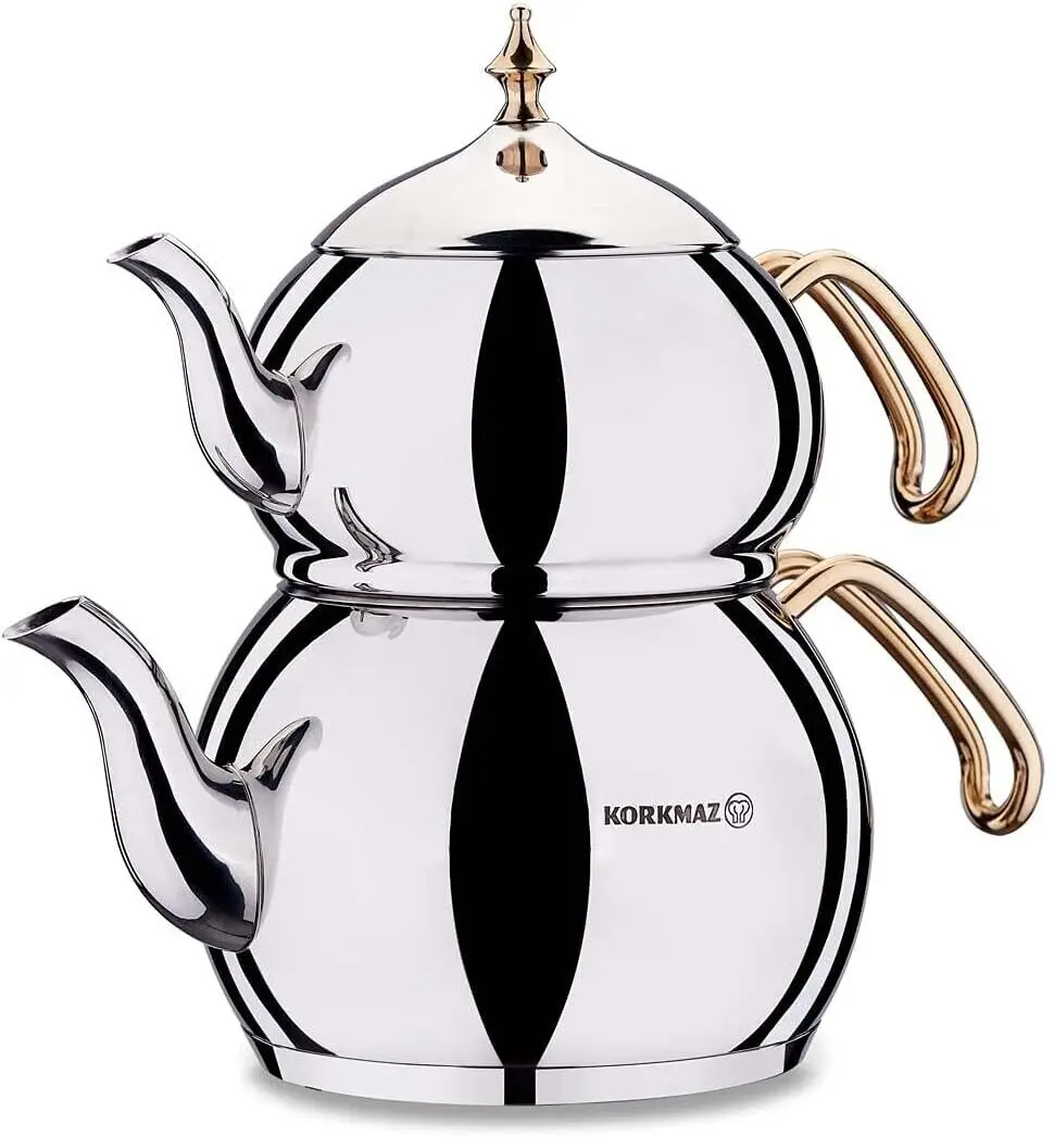 

Korkmaz Hanedan 3.1 Liter 3.27 quarts Turkish Teapot Set for Stovetop Stainless Steel Double Tea Maker with Ergonomic Handles