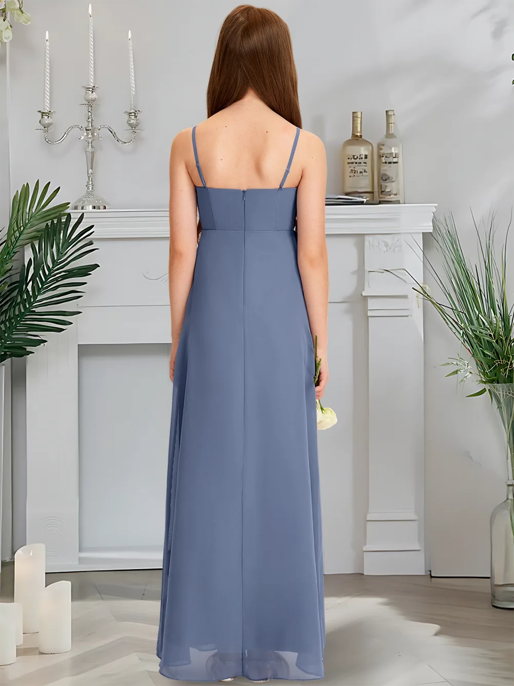 أنيقة ألف خط الرسن الشيفون الدانتيل جونيور فستان وصيفة الشرف الفضة زهرة فتاة فستان الطابق طول ثوب زفاف الكشكشة المتتالية