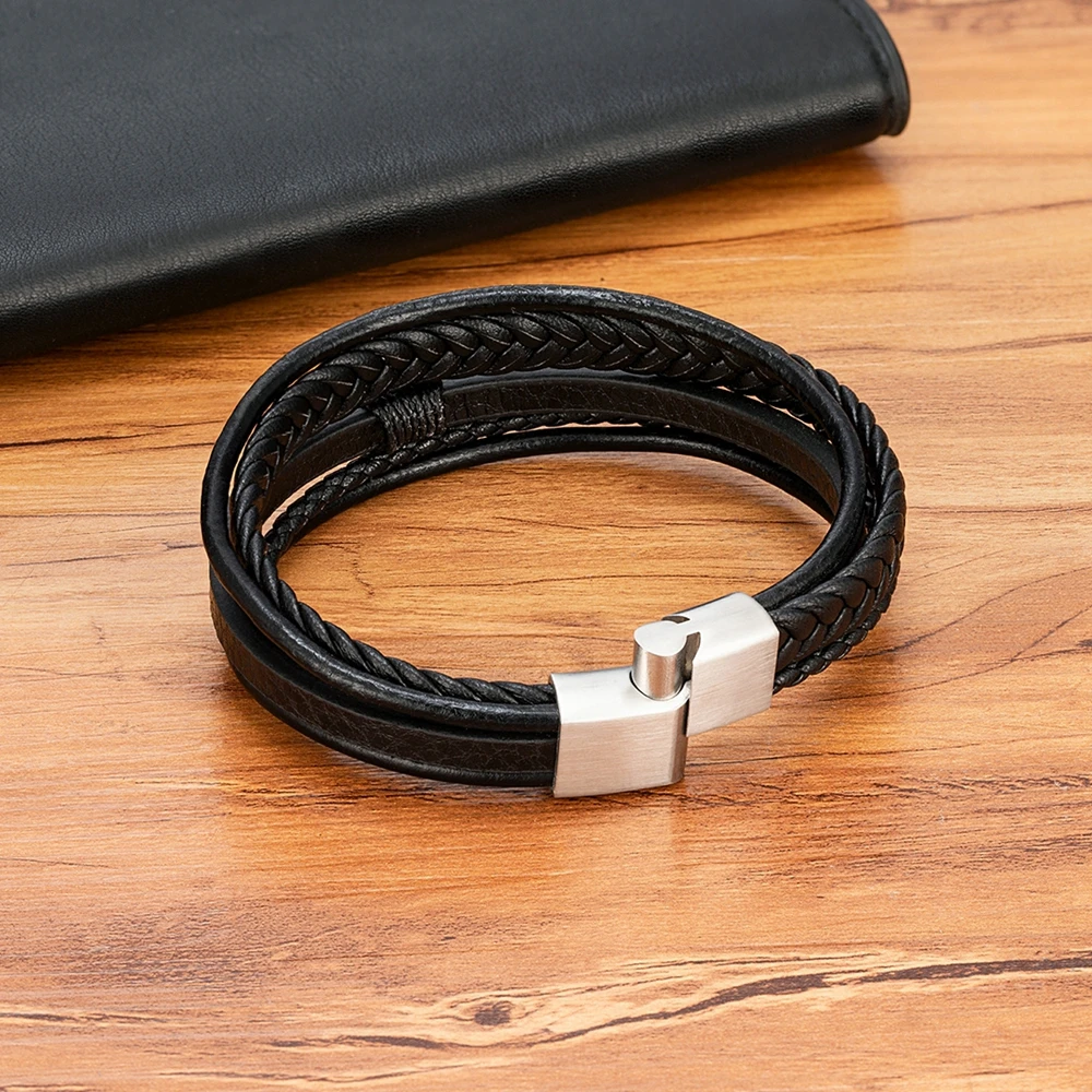 TYO Hand-Woven Leather Men Bracelet Leather Multi-layer Stainless Steel Magnetic Buckle Accessories Party Jewelry Bangle Gift