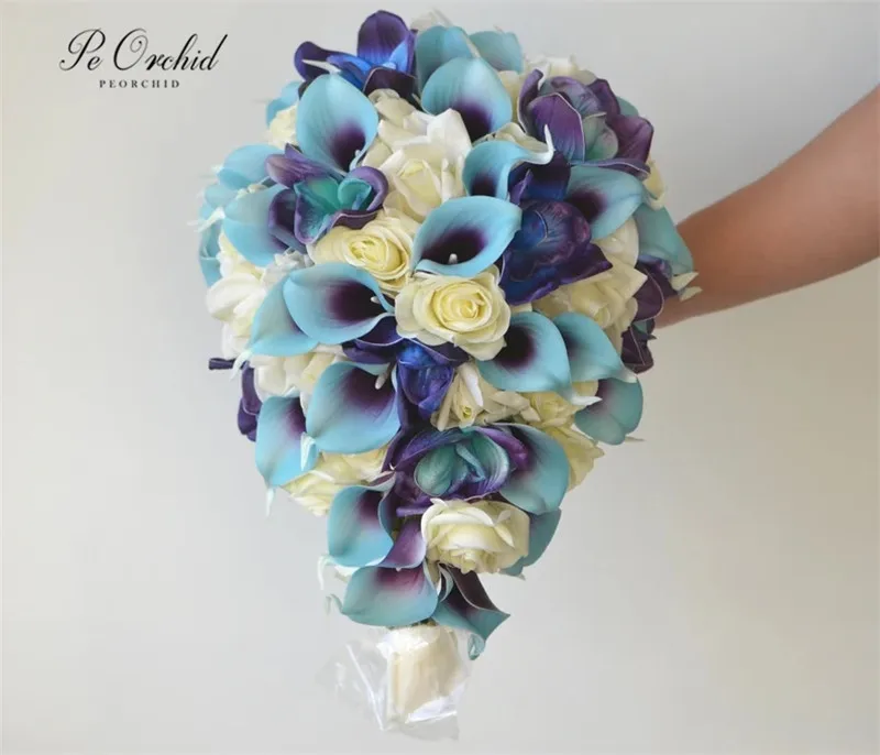 PEORCHID LuxuriousTurquoise Purple Bridal Bouquet Waterfall Real Touch Orchids Calla Lily Faux Flower Artificial Wedding Bouquet