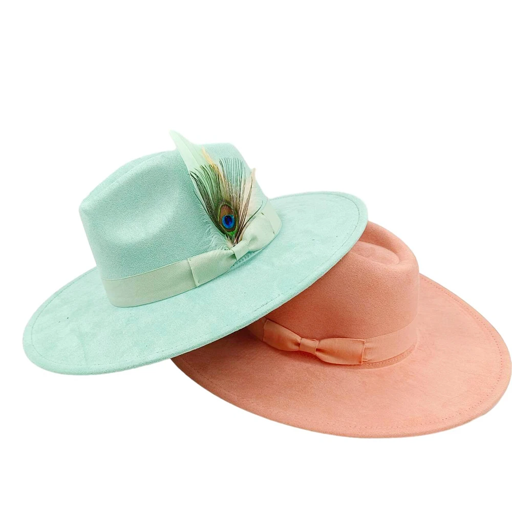 New suede fedora hats for men and women bow accessoriescolorful retro wide-brimmed church hatsjazz panama hats