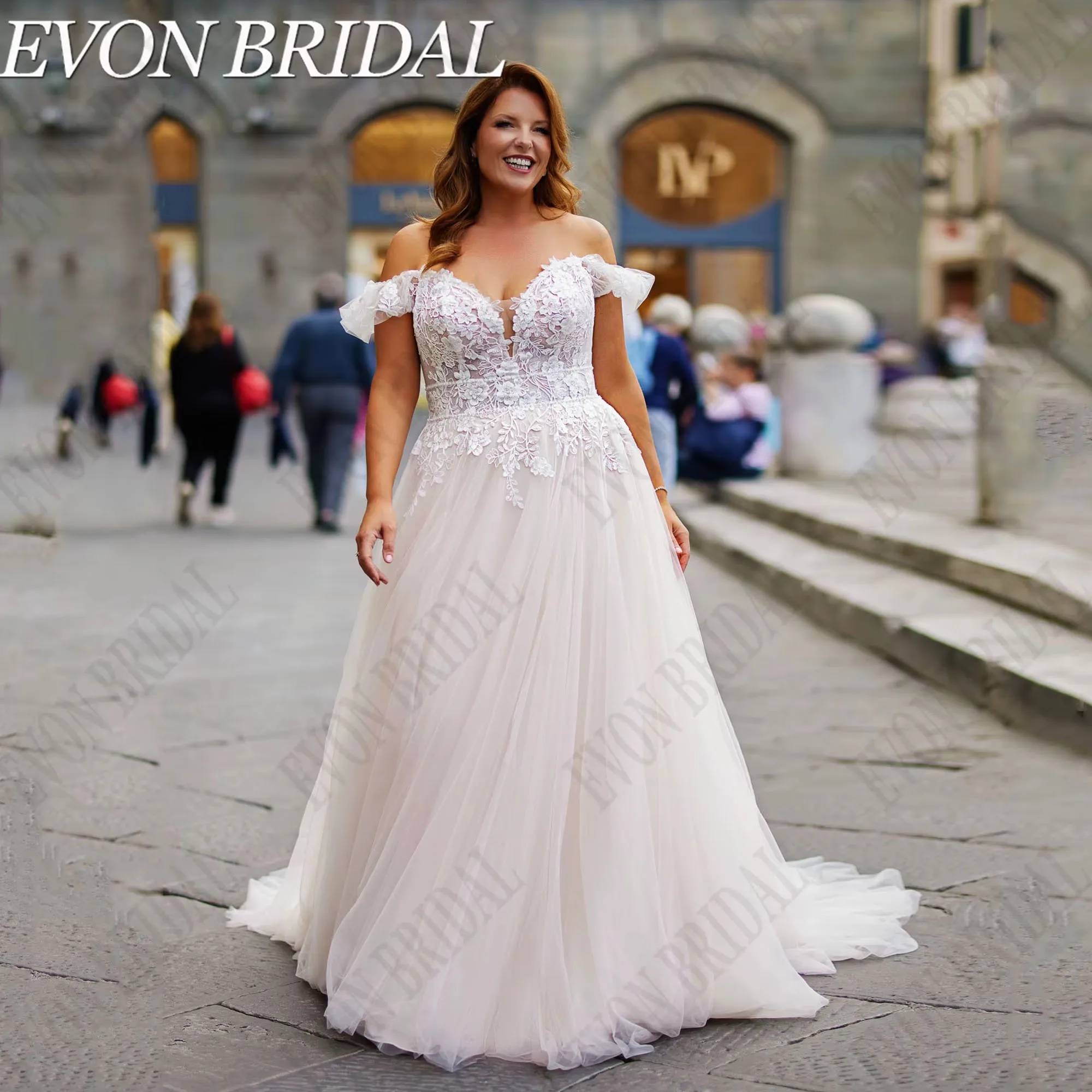 Large Size Wedding Dress 2024 Bride Off Shoulder A-Line Tulle V-Neck Civil Bridal Gowns Lace Up Applique Customized EVON BRIDAL