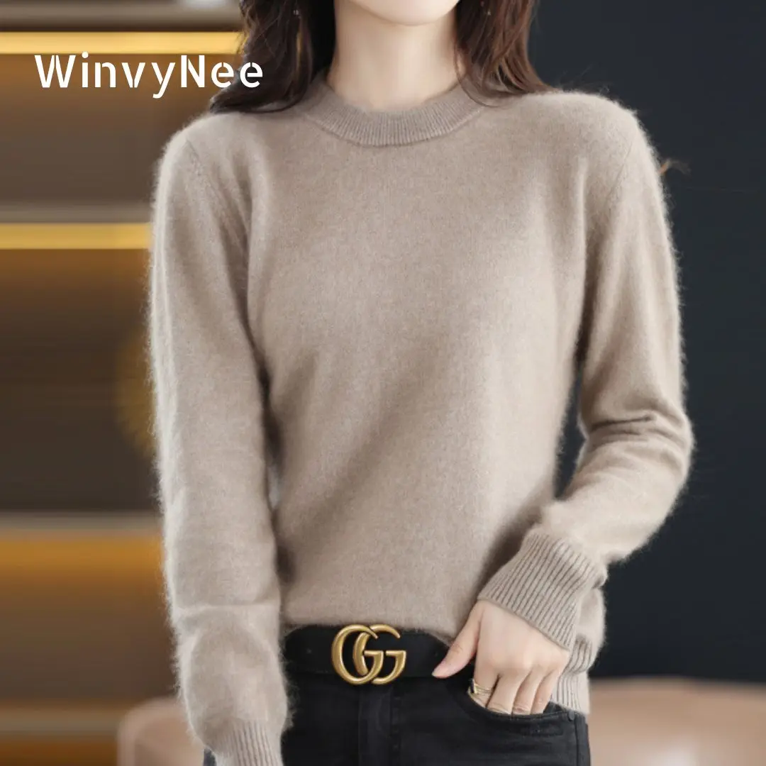 WinvyNee Mink Cashmere Sweater for Women Crew Neck Warm Solid Casual Pullover Soft Outerwears Plus Size Tops Winter A1248012