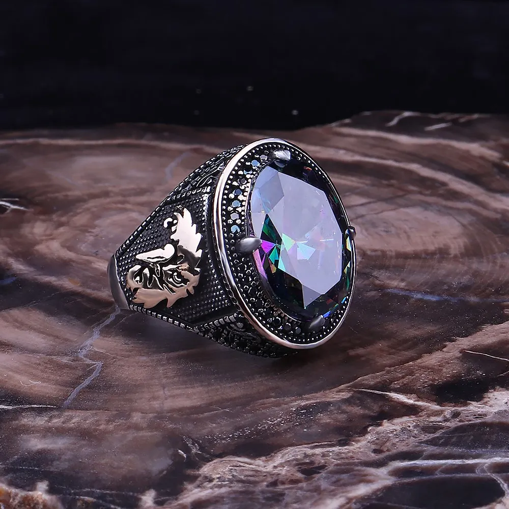 

Stamped Solid 925 Sterling Silver Eagle Motif With Mystical Topaz Men's Ring High Quality Handmade SilverJewelry Turkish For Men