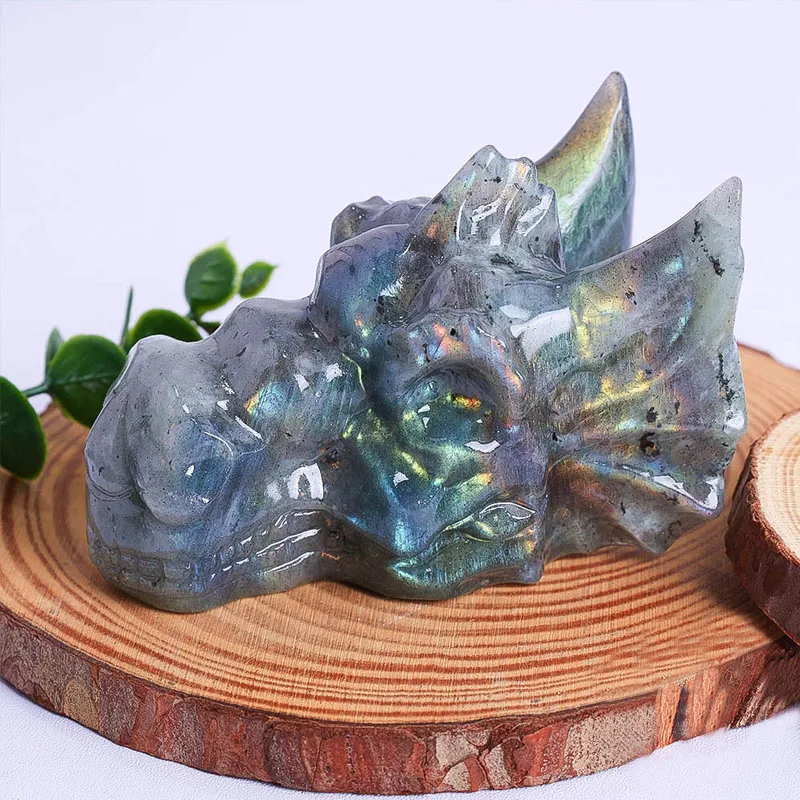 Natural Crystal Dragon Skull Healing Decor Labradorite Dream Amethyst Fluorite Rose Quartz Dream Amethyst Animal Head Statue