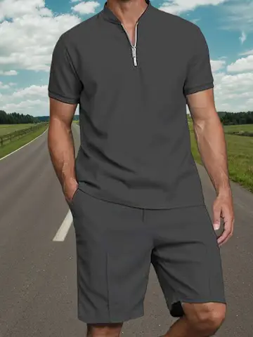 Herrkläder i två delar, casual, polotröja med kvarts dragkedja och shorts, sportig jogging-/sommarträningsoverall 10 best sales polotröja - №1