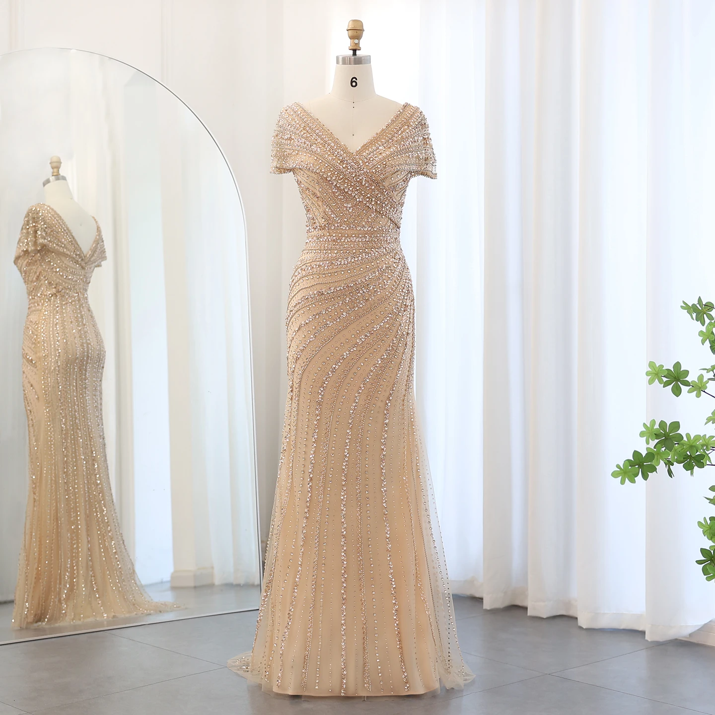 Sharon Said Luxuriöse Dubai Silber-Nude Abendkleider für Hochzeiten, Meerjungfrauenkleid mit Kapärmeln, Arabisches Formelles Partykleid SS045 Maßanfertigung – Detail 11