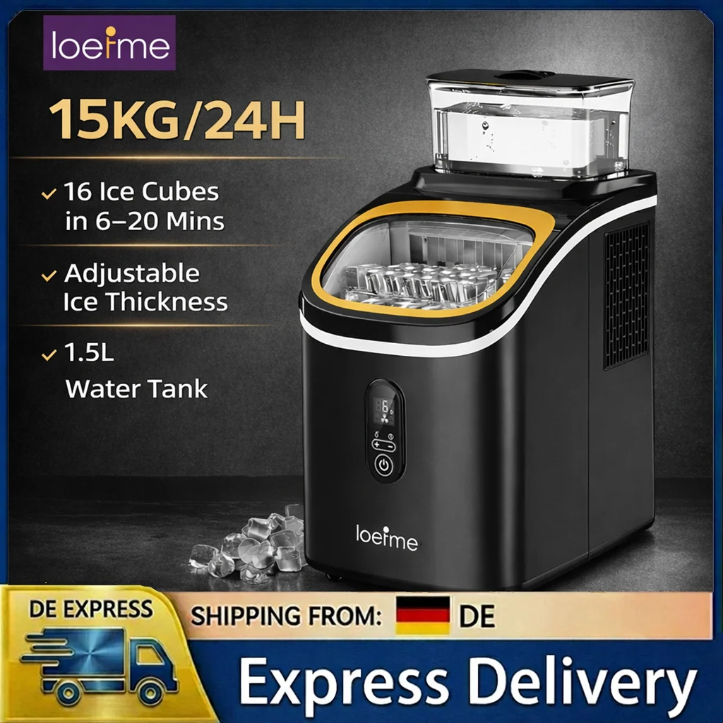 LOEFME Machine à Glaçons 15kg/24h 16 Glaçons en 6-20 Min Écran Numérique Minuterie Réservoir d’Eau 1,5L avec Épaisseur de Glaçons Réglable