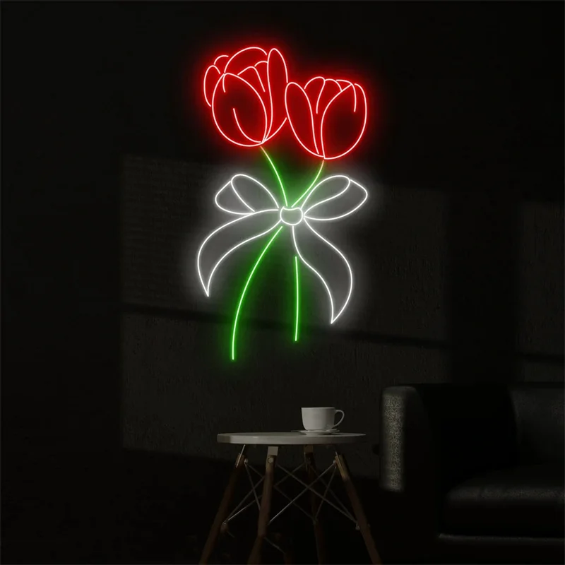 Letrero de neón de pajarita de tulipán, letrero Led de flor de tulipán, letrero de neón personalizado, decoración de pared de tienda de tulipán, arte de tienda de flores, regalos para amantes de las flores