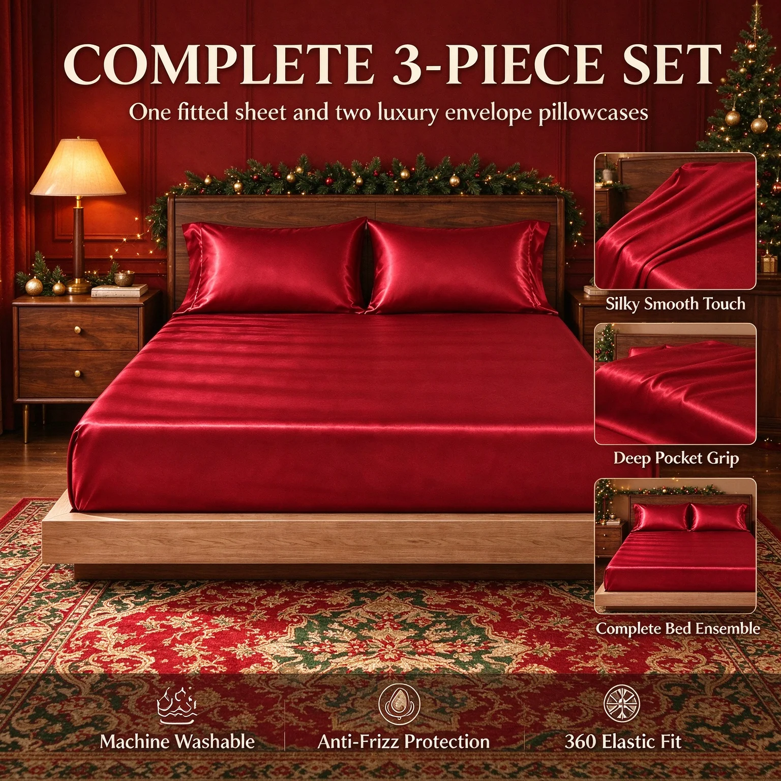 3-Piece Smooth Bedding Set, Twin Full Queen King Size, Deep Pocket Fitted Sheet & 2 Pillowcases, Soft Breathable All Season Bed Linens for Bedroom Decoration