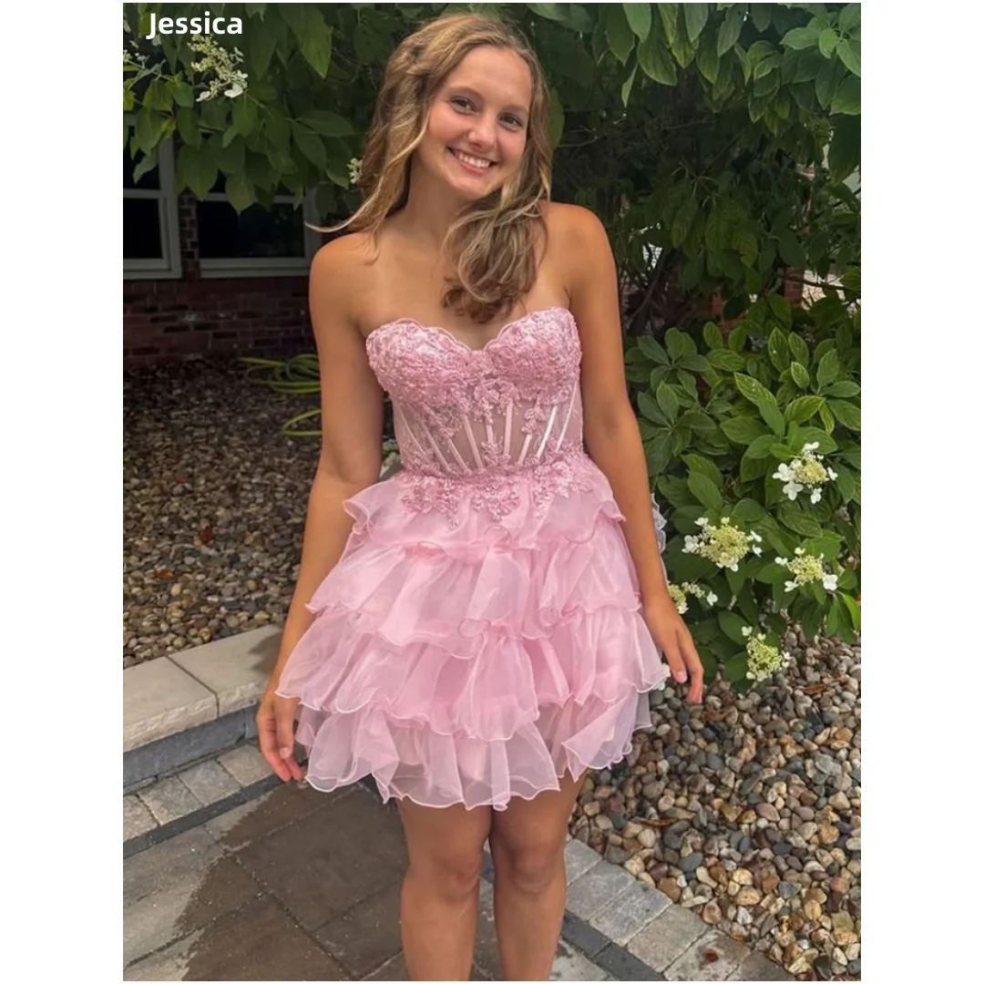

Jessica Gorgeous Pink Evening Dresses Herringbone Lace Embroidery Prom Dresses Mini Short Tulle Vestidos De Gala Customized