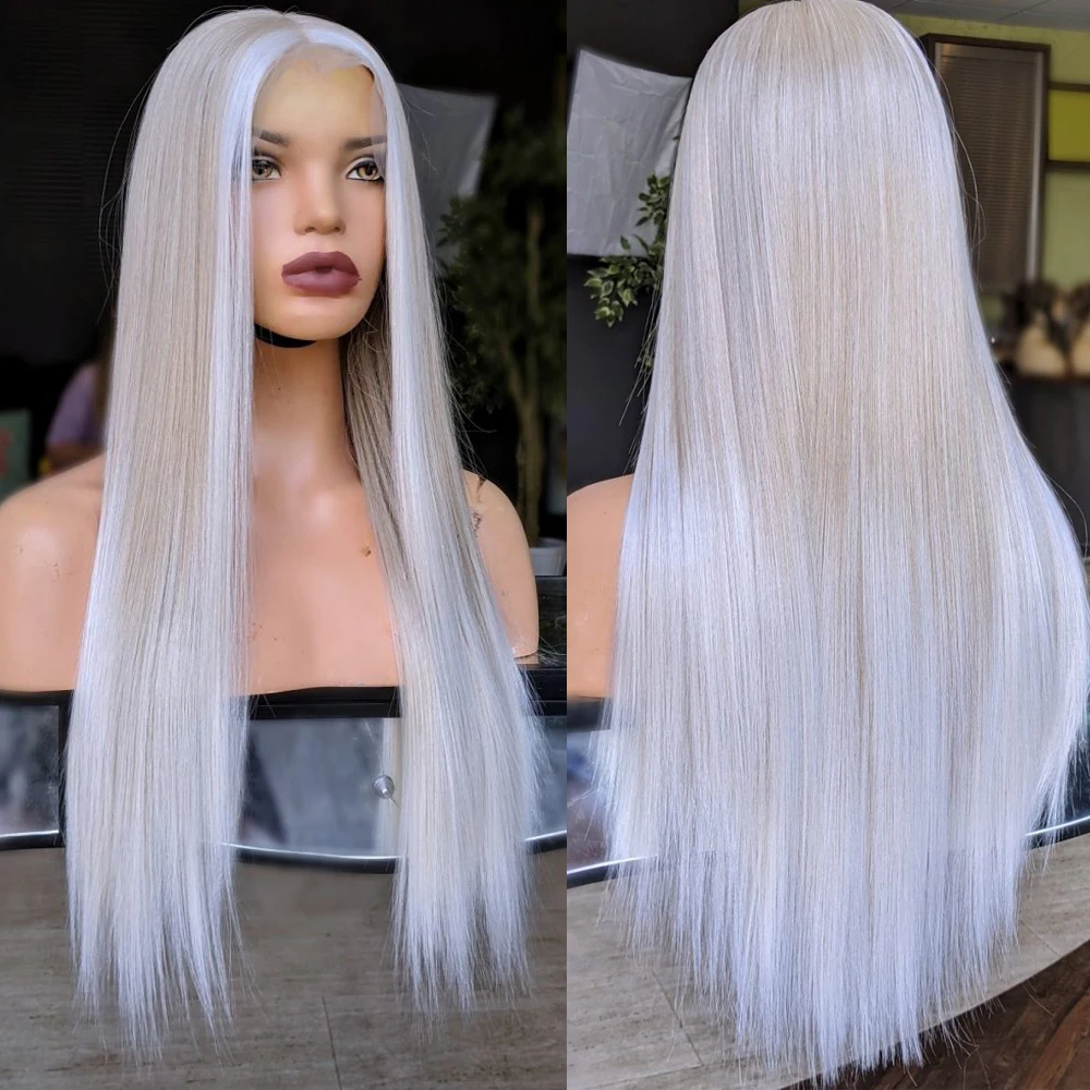 Human Hair Blended Synthetic Straight Wig Creamy Blonde Highlights Lace Front Wig 26