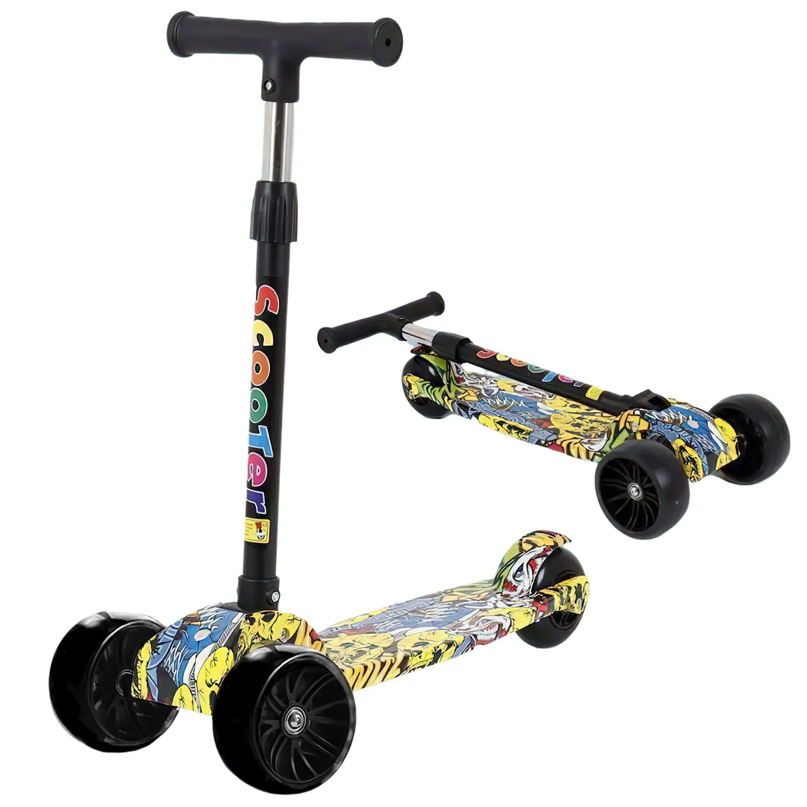 Foldable Children Scooter 3 Wheel Scooter With Graffiti Flash Wheels Kick Scooter For 2-6 Year Kids Adjustable Height 50kg