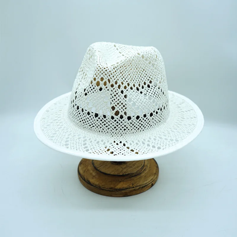 Vintage Style White Straw Hat Hollow Out Wide Brim Hand Woven Straw Hats For Women  Summer Vacation Beach Sun