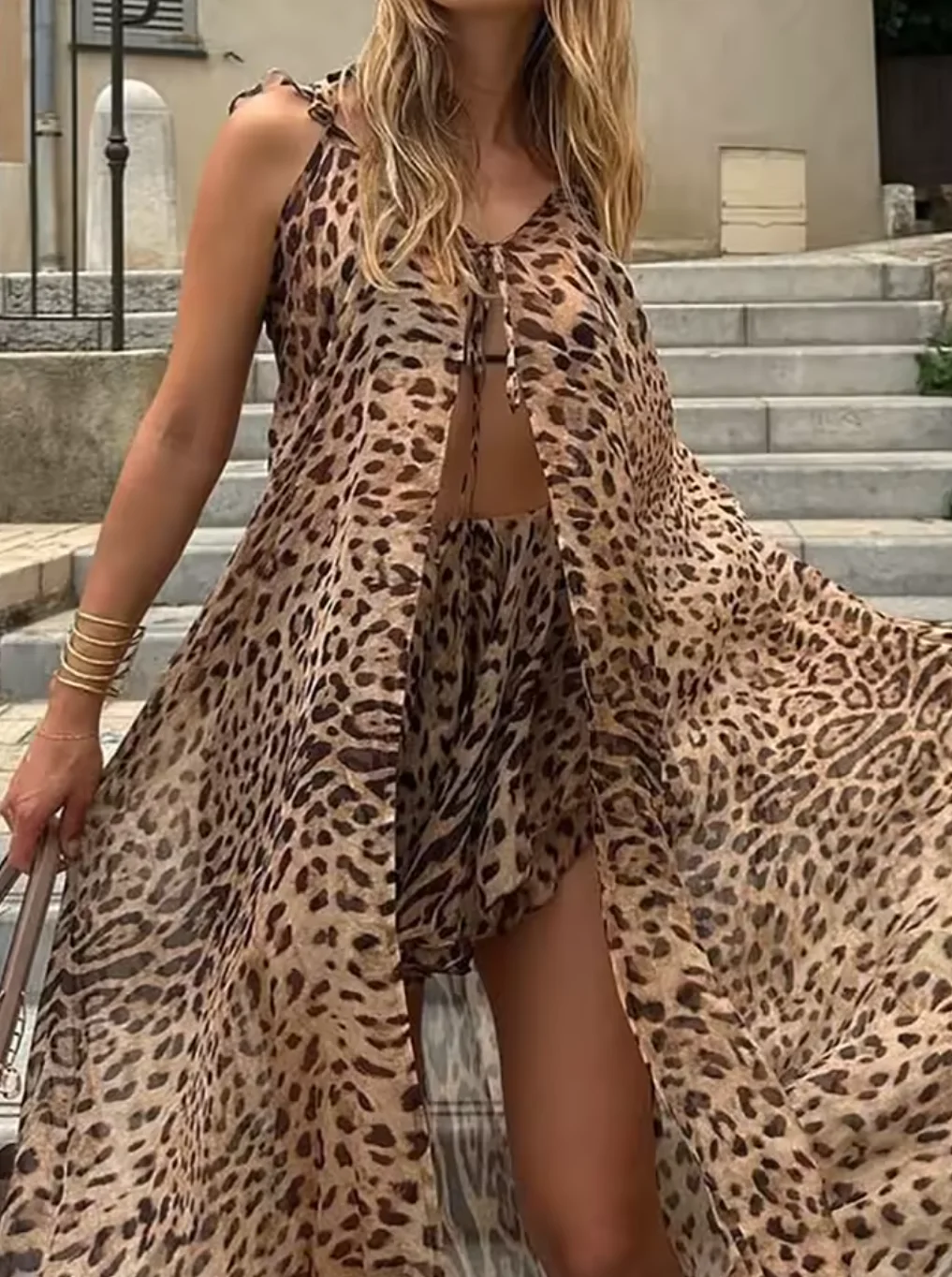 

Women's Leopard Patchwork V-Neck Top + Elastic Waist Long Summer Shorts 2 Piece Set - Chic Spaghetti Strap Belted Suit for Ladie