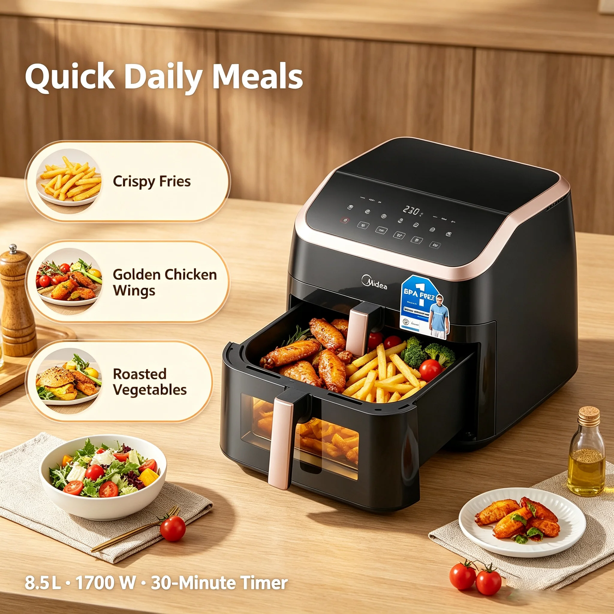 Midea Heißluftfritteuse 8,5L, XL Kapazität, 1700W, 9 Voreinstellungen, Sichtfenster, Heißpress-Technologie, Fettfreies Frittieren, Backen, Grillen, Spülmaschinenfest, für die Familie