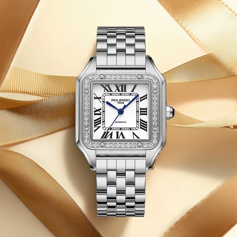 ROLENDO Light Luxury Gold Square Watch 33mm Diamond Sapphire Crystal Women's Auto Mechanical Roman Scale Waterproof Watch Gift