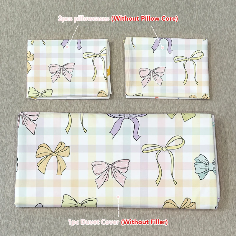 3PC Yellow-Based Checkered Bow Tie Duvet Cover Set (1 Duvet Cover+ 2 Pillowcases) Machine Washable Quilt Protector