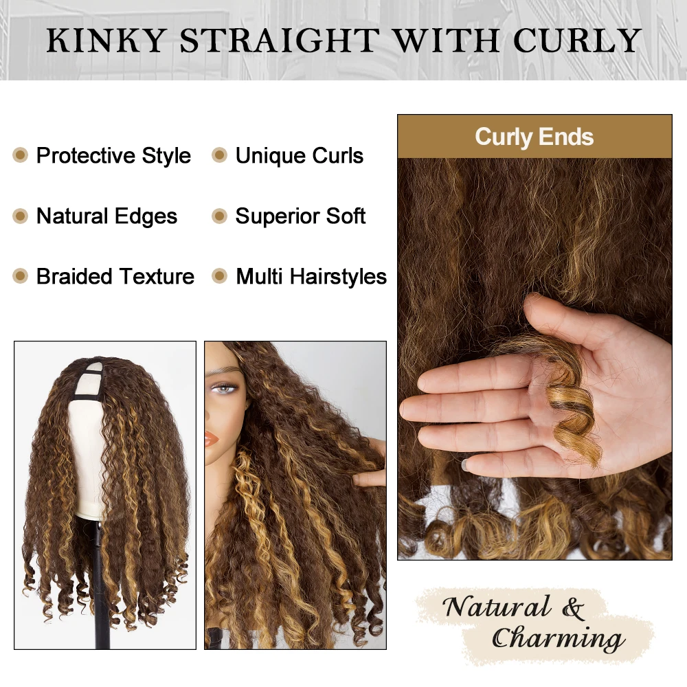 Highlight Afro Curly V Part Wig for Women Ginger Kinky Straight with Curly Ends Glueless No Leave Out Clip Synthetic Half Wigs