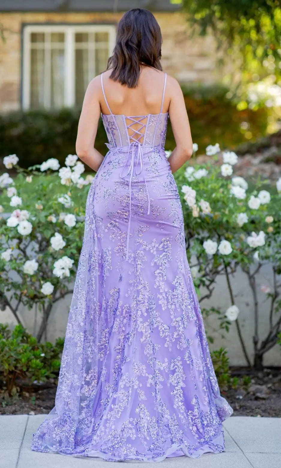 Sleeveless Butterfly Glitter Tulle Long Lace Prom Dress with High Slit Spaghetti Strap Sheath Corset Bodice Formal Evening Dress