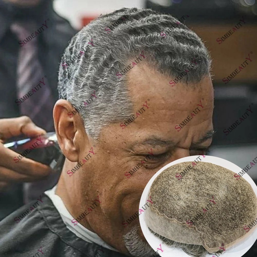 Swiss renda depan rambut manusia 10mm gelombang dalam rambut abu-abu rambut palsu pria dasar bernapas untuk musim panas/berkeringat pengganti rambut palsu