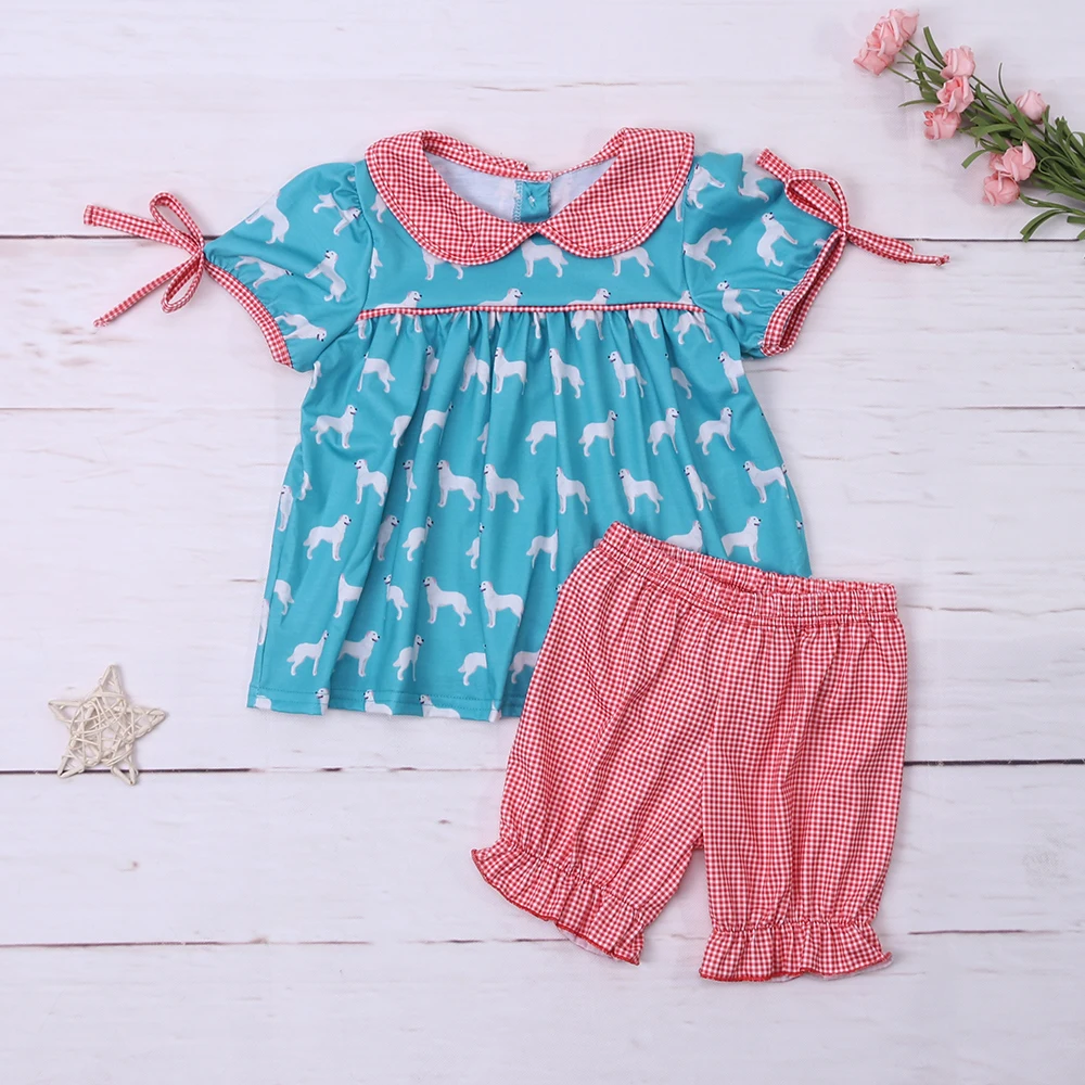 

Baby New Kids Cotton Short Sleeved Round Neck T-shirt Set Dog Embroidery Bow Girl Top Clothes And Red Lattice Shorts Suit