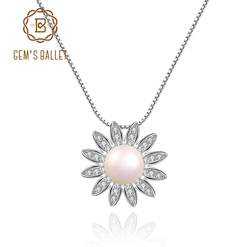 GEM'S BALLET Pearl Necklace 6.3TCW White Nautral Fresh-water Pearl Pendant Necklace in 925 Sterling Silver Gift For Her