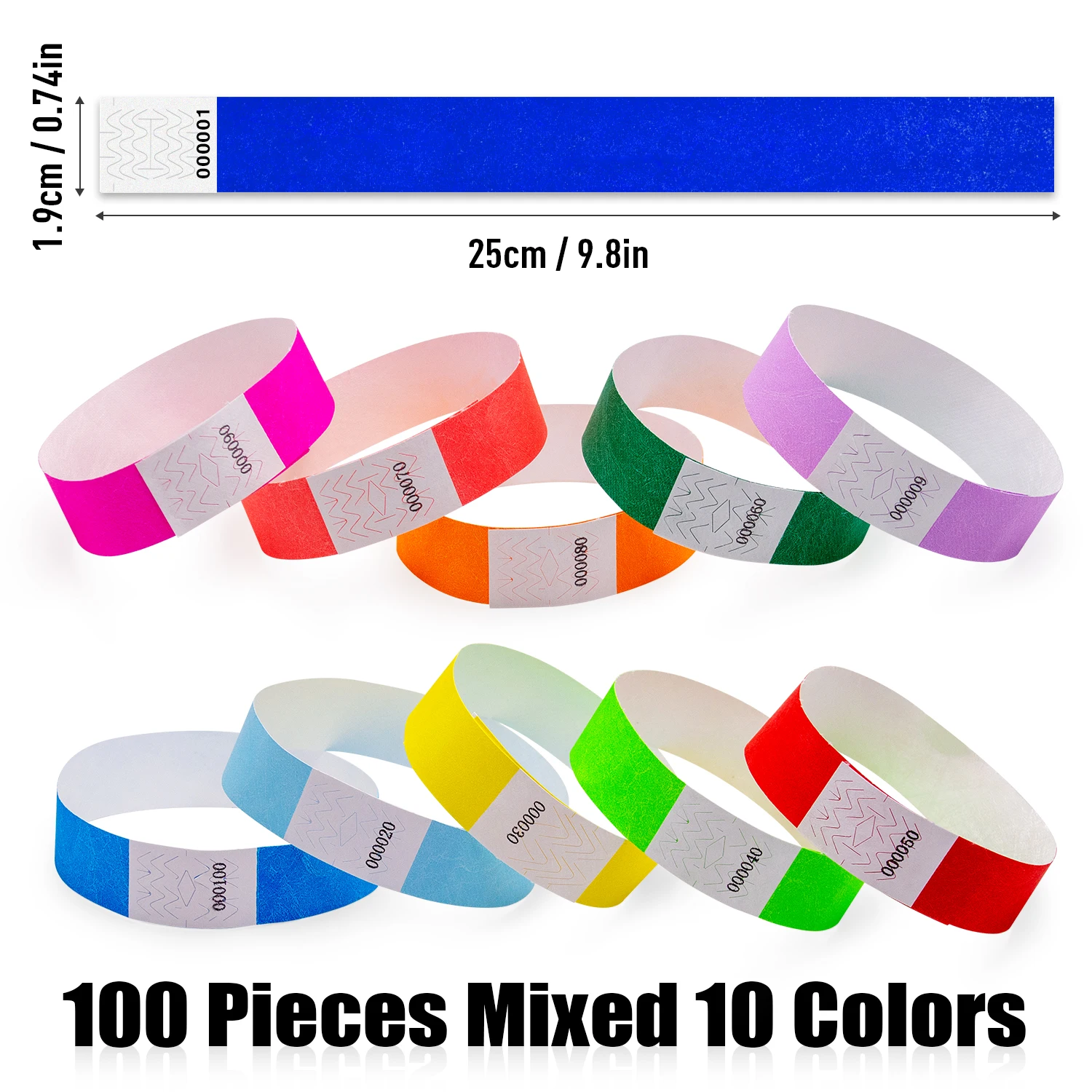 100pcs Mixed 10 Colors（Numbers 001 – 100）Multicolored Tyvek Bracelets Activity Ticket ldentification Band Waterproof