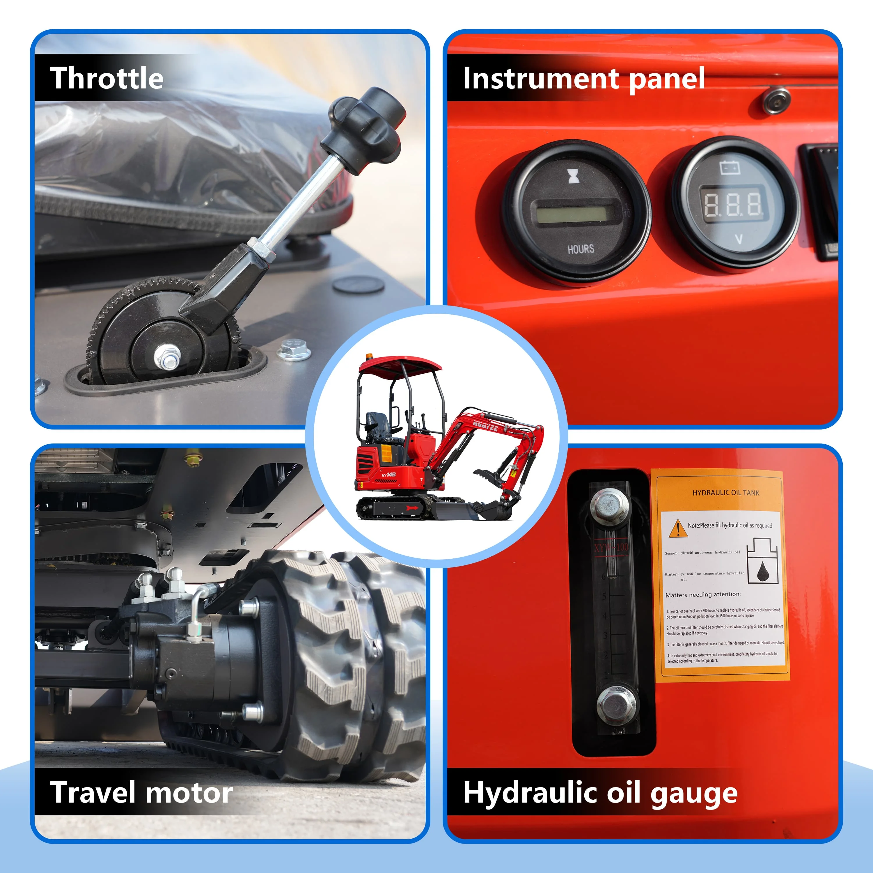 HUAYEE HY14B mini excavator is equipped with dual joysticks and hydraulic thumb clamps, suitable for gardens, parks, farms.