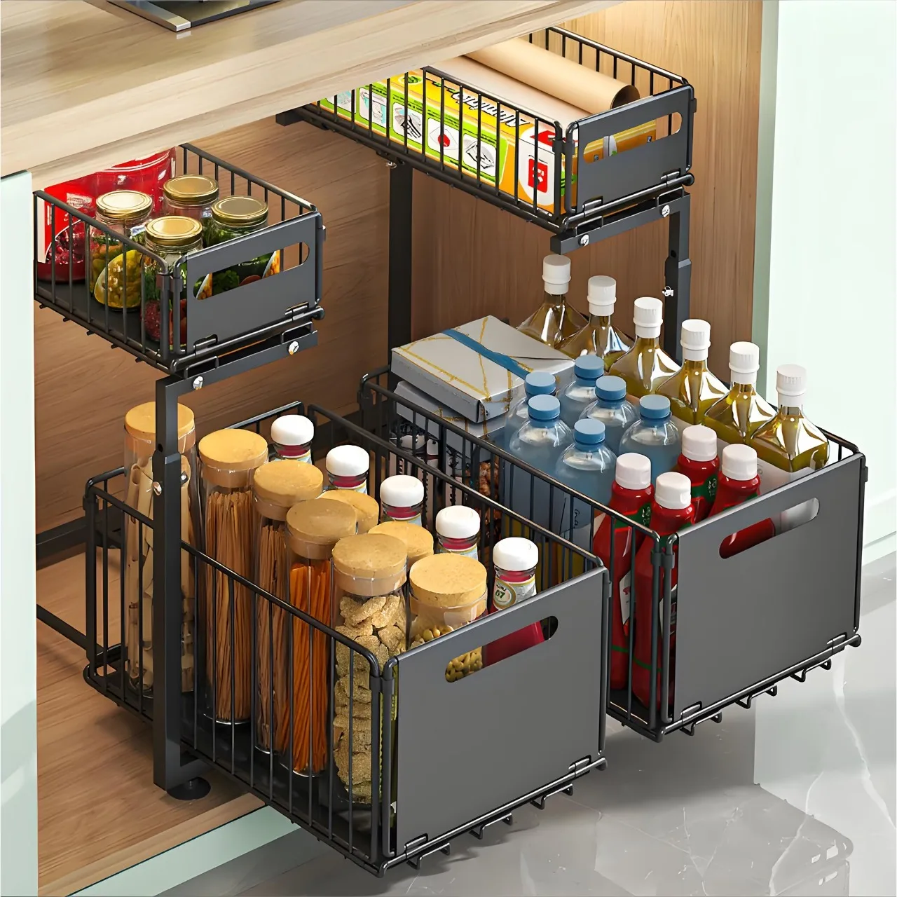 2-Tier L-Shape Under Sink Organizer, Metal Pull Out Cabinet Storage with Sliding Drawer, Adjustable Height for Kitchen and Bathroom