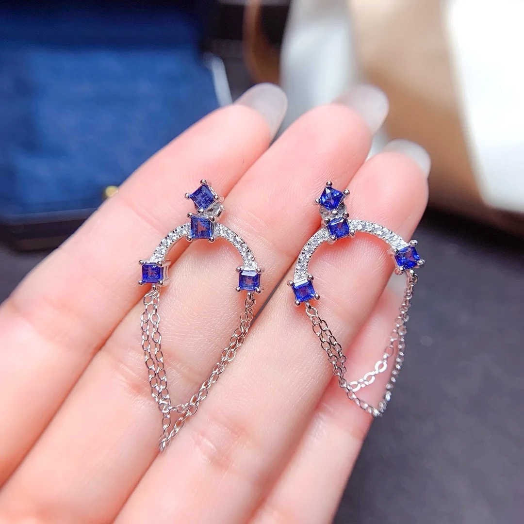 Jewelry Women's Natural Gem Earrings 925 Pure Silver Electroplated 18K White Gold 3x3mm Sapphire Gift for Girlfriend's Wedding 4