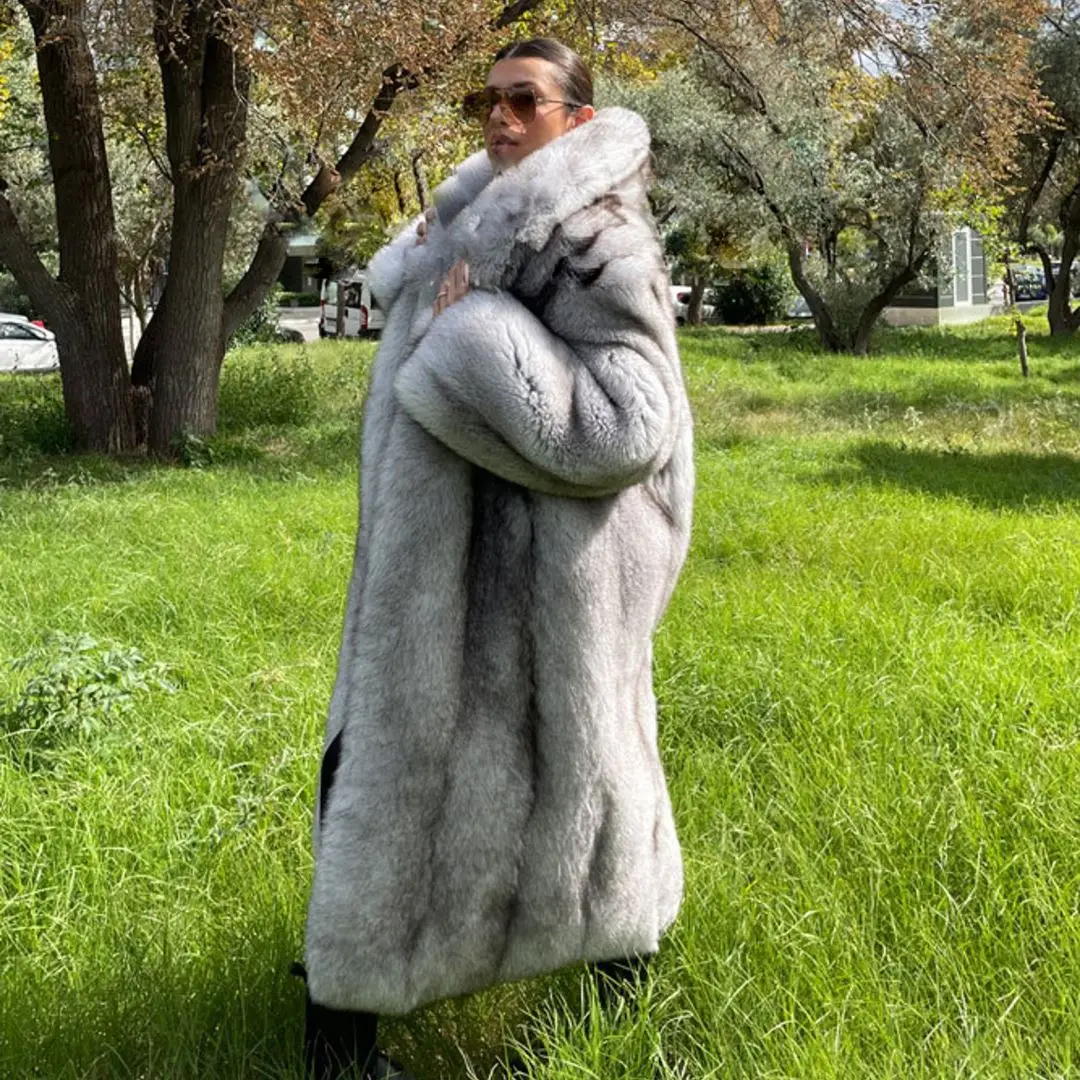 120cm Long Real Fox Fur Coats with Big Turn-down Collar Winter Fashion Thick Warm Fur Overcoats Luxury Full Pelt Fox Fur Coats