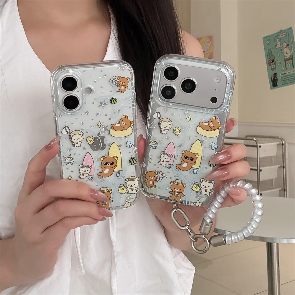 Cute Star Rilakkuma Silicone Phone Case For iPhone 17 Pro Max 16 15 Pro 17 Pro Case With Chain Shockproof Cover For Apple 16 Pro
