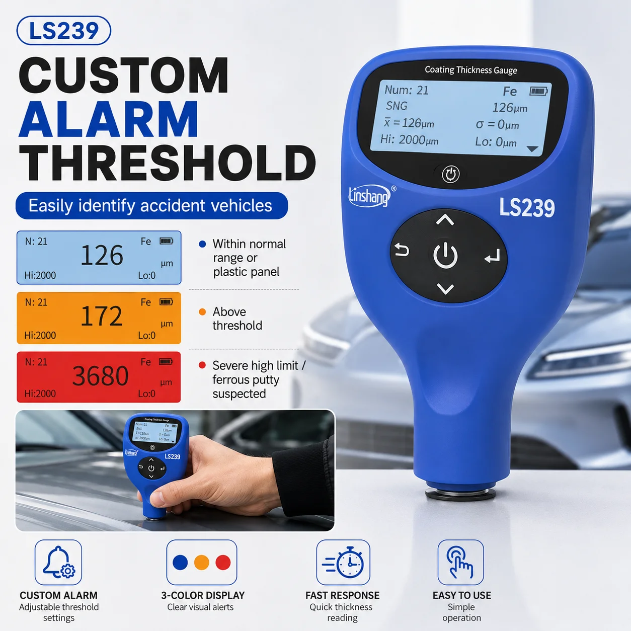 LS239 Professional Car Paint Thickness Gauge 5000μm Bluetooth Coating Meter Fe Al Auto Detection Expert Mode Used Car Tester
