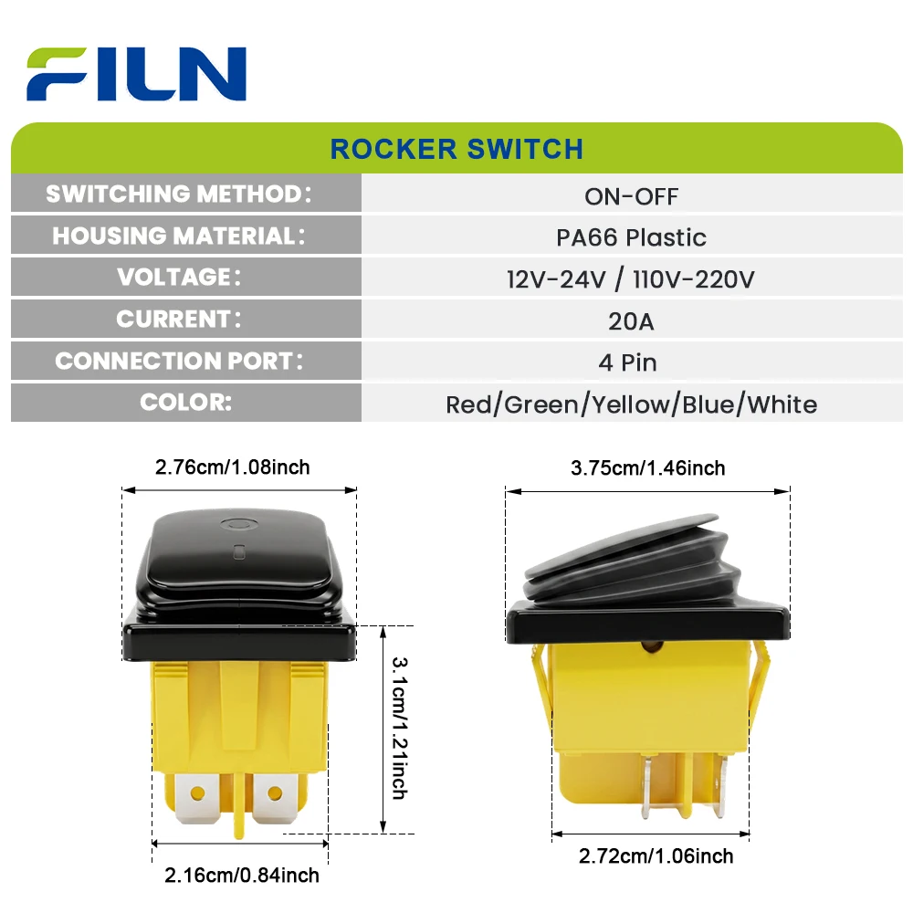 FILN KCD4 20A 10/25PCS 12-24V LED Rocker Switches ON-OFF Illuminated Waterproof 4-Pin for Marine Boat Automotive Equipment Panel
