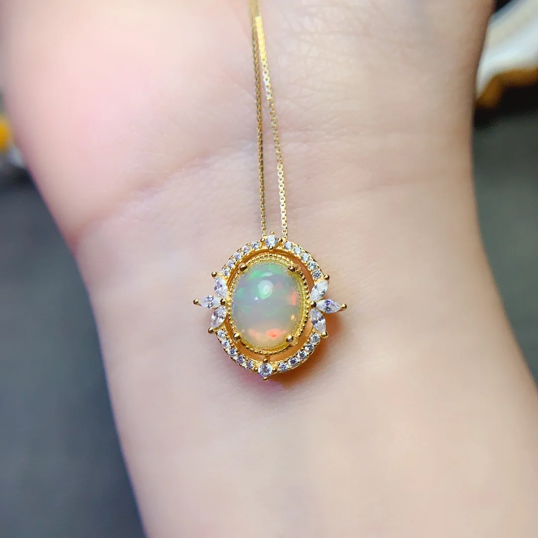 KJJEAXCMY Girl 8x10mm Natural Opal Necklace Pendant 925 Pure Silver Plated Gold Clearance Sale, Gift for Girlfriend Christmas,