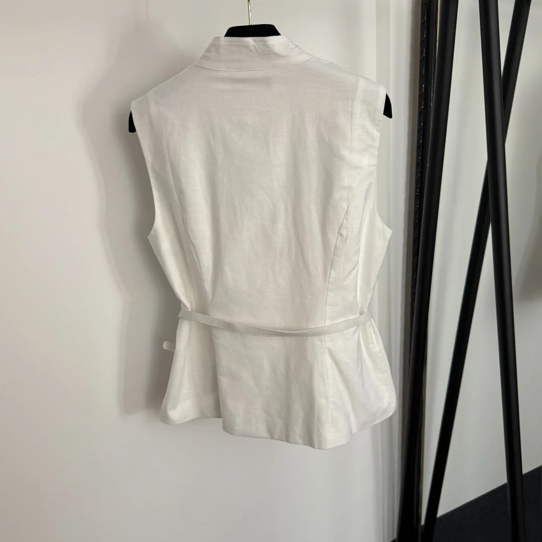 

2025 New shirt solid sleeveless waistband pants buttons v-neck set Fashionable Versatile Slimming Figure-hugging Spring Summer